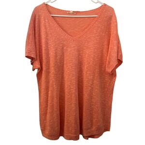 Eileen Fisher Linen Cotton Blend V Neck Short Sleeve Knit Top Coral Size L Beach